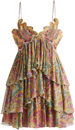 Etro Paisley-Print Tiered Crinkle-Silk Embroidered Mini Dress | Neiman Marcus