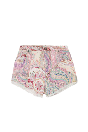 Frayed Paisley-print Denim Shorts - Pink