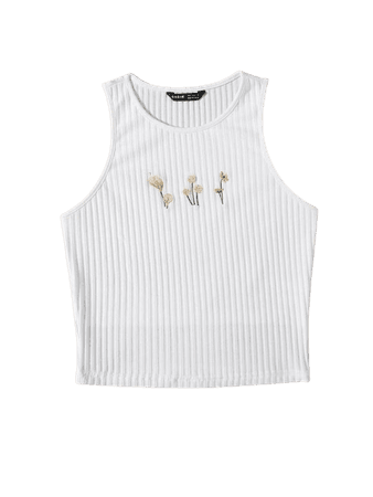 white Floral Embroidered Rib-knit Tank Top | SHEIN USA