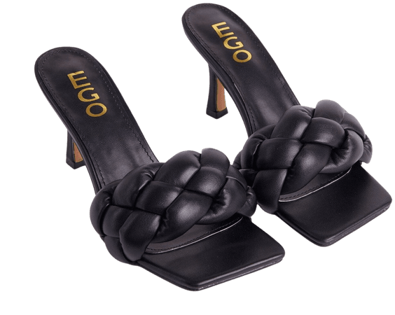 Waves Square Peep Toe Woven Kitten Heel Mule In Black Faux Leather | EGO
