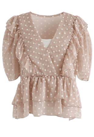Floret Embroidery Ruffle Sheer Top in Nude Pink - NEW ARRIVALS - Retro, Indie and Unique Fashion
