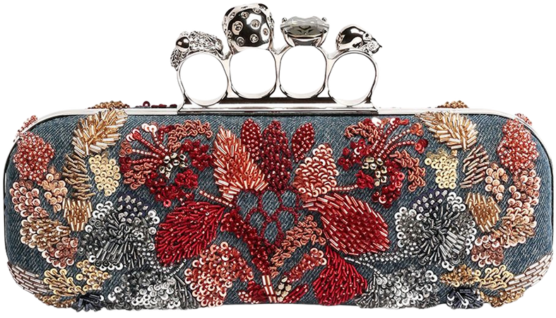 Alexander Mcqueen, denim multi knuckle duster denim box clutch bag wiht floral embroidery