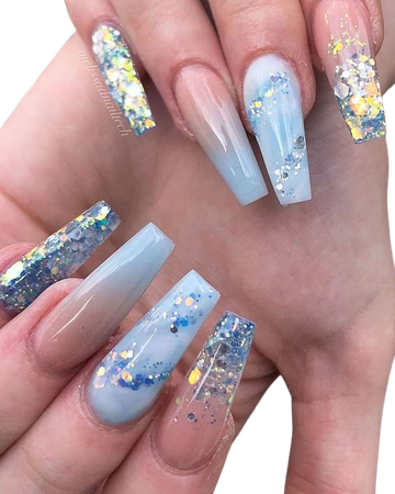 Cute blue ombre nails, glitter nails, and light blue nails design