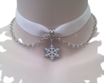 White SNOWFLAKE Charm With Chain - WHITE 16mm Velvet Ribbon Choker Necklace