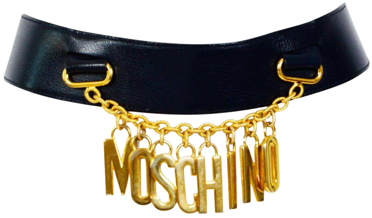 Authentique Moschino vintage 1980s logo chain drop dark blue leather belt For Sale at 1stDibs