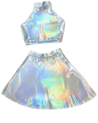 Holographic TWIN SET Sleeveless Turtle Neck Crop and High Waist Skater Skirt