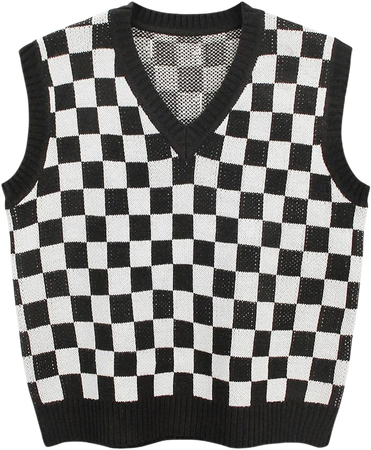 Gulajia Women's V-Neck Knit Sweater Vest Oversized Sleeveless Loose 90s Waistcoat Pullover Checkerboard Plaid Sweater Vest Black S at Amazon Women’s Clothing store