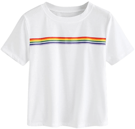 Romwe Women's Summer Rainbow Color Block Striped Crop Top School Girl Teen Tshirts White M at Amazon Women’s Clothing store