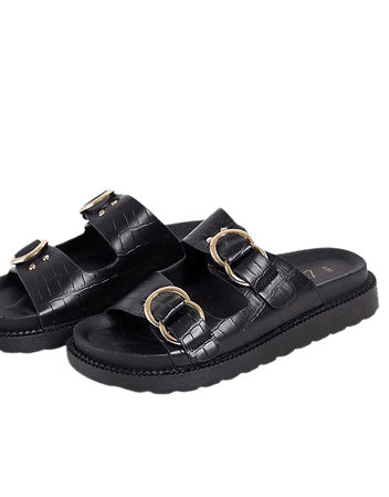 New Look double buckle slides in black croc | ASOS