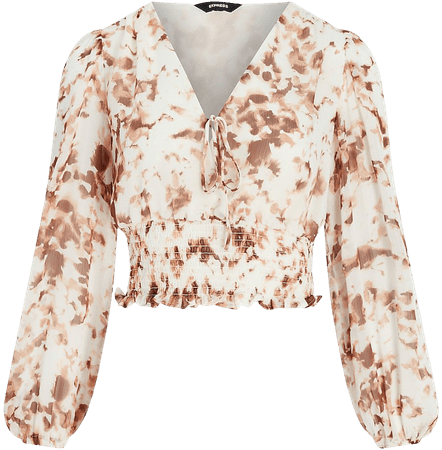 Printed Puff Sleeve Smocked V-neck Top | Express