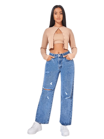SHEIN PETITE Ripped Straight Leg Jeans | SHEIN USA