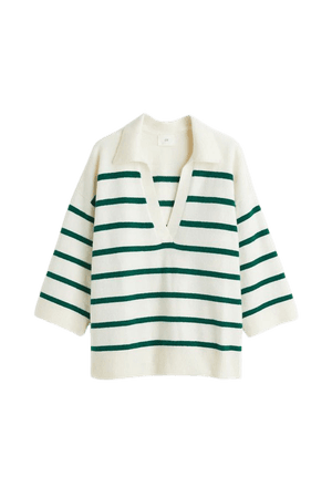 Fine-knit Collared Sweater - Cream/green striped - Ladies | H&M US