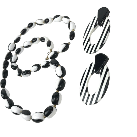 Vintage necklace & pierced earrings Black and white Plastic Mod Stripes Geo | eBay