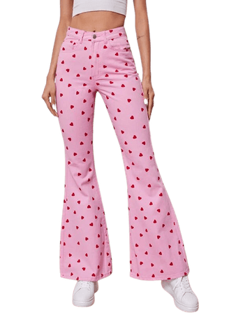 Heart Allover Print High Waist Flare Leg Jeans | SHEIN USA