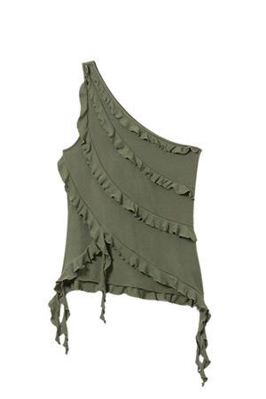 Asymmetric frilled one-sleeve top - Khaki Green - Monki WW