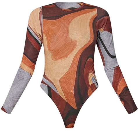 Brown Print Basic Crew Neck Long Sleeve Bodysuit | PrettyLittleThing USA