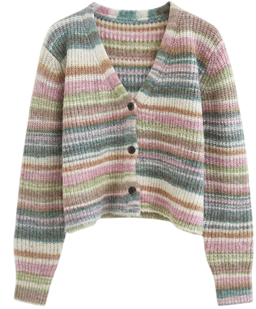 Striped Block Buttoned Crop Knit Cardigan in Moss Green - Retro, Indie and Unique Fashion