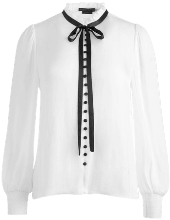 Zina Button Down Neck Tie Blouse In Off White/black | Alice And Olivia
