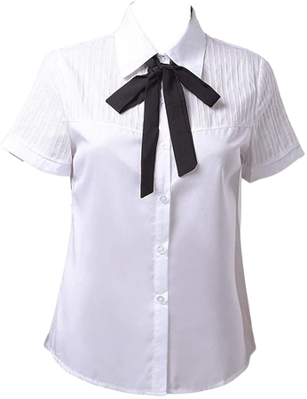 Ivory White Bowtie Baby Collar Tops Blouses Short Sleeve OL Chiffon Button Down Shirt at Amazon Women’s Clothing store