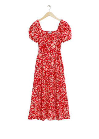 Flowy Puff Sleeve Midi Dress - Red Floral Print - Midi dresses - & Other Stories US