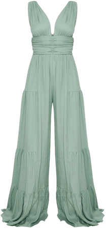 Sage Green Linen Plunge Tiered Wide Leg Jumpsuit | PrettyLittleThing USA