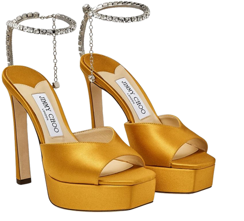 SAEDA SANDAL/PF 125 | Sunflower Satin Platform Sandals with Crystal Embellishment | Summer Collection | JIMMY CHOO