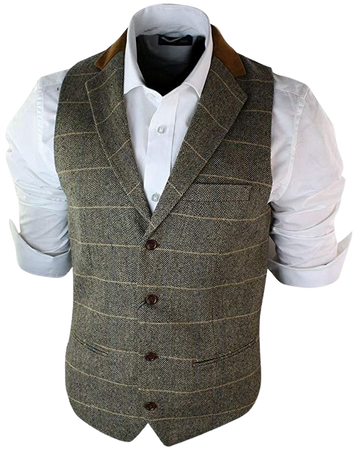 Mens Vintage Tweed Check Waistcoat Herringbone Tan Brown Charcoal Grey Slim Fit: Amazon.co.uk: Clothing