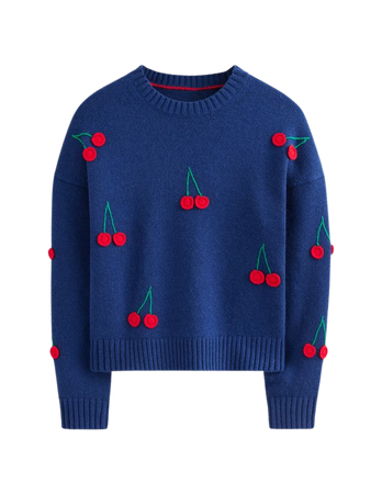 Hand Embroidered Sweater - Navy Peony, Cherries | Boden US