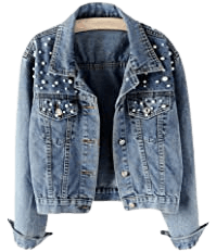 Hixiaohe Women Loose Embroidered Pearls Beading Cropped Denim Jacket Jean Coat (Blue, L) at Amazon Women's Coats Shop