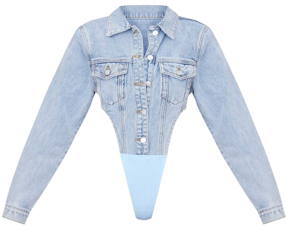 Light Blue Wash Pocket Front Denim Bodysuit | PrettyLittleThing USA
