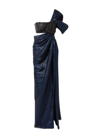 Draped Crystal-embellished Silk-blend Lame Gown - Midnight blue