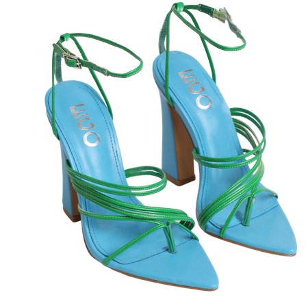 Scout Pointed Toe Green Strappy Flared Block Heel In Blue Faux Leather | EGO