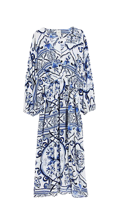 Blue patterned kimono wrap midi dress | River Island