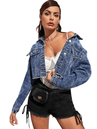 Raw Hem Button Front Crop Denim Jacket | SHEIN USA