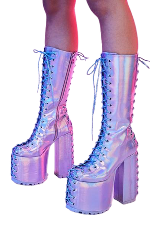 Current Mood Holographic Lace Up Platform Boots - Silver | Dolls Kill