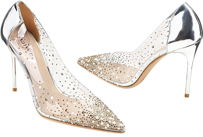 Amazon.com | Naiyee Women's High Stiletto Heel, PVC Pumps Crystal Rhinestones 100mm Clear Heels Closed Pointed Toe Slip On Pump Wedding Party Dress Shoes Silver | Shoes