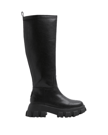 Black knee high rubber chunky boots | River Island