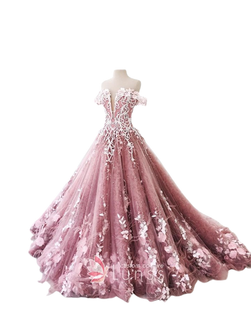 Gorgeous Pearls and Floral Rose Pink Tulle Off-the-shoulder Pageant Ball Gown - Lunss Couture