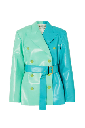 Green Belted double-breasted two-tone faux leather blazer | Rowen Rose | NET-A-PORTER