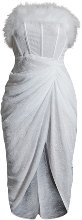 White Feather Trim Corset Detail Lace Draped Midi Dress | PrettyLittleThing USA