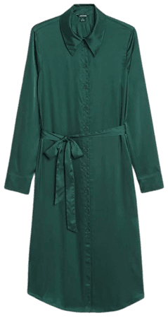 Long-sleeve satin shirt dress - Dark green - Midi dresses - Monki WW