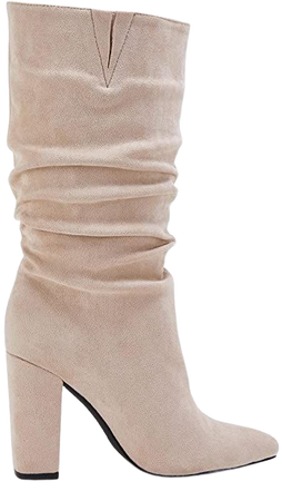 Amazon.com | Syktkmx Womens Mid Calf Dress Boots Slouchy Pointed Toe Fall Winter Chunky Block High Heel Slip on Boots | Mid-Calf