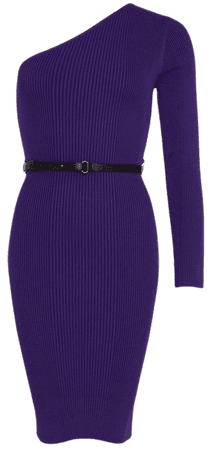 One Shoulder Rib Knit Belted Midi Dress | Karen Millen