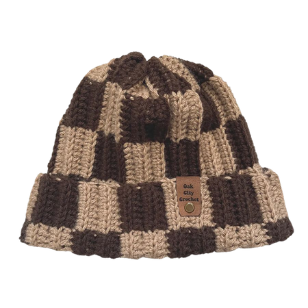 Brown and Tan Checkerboard Crochet Beanie – Oak City Crochet