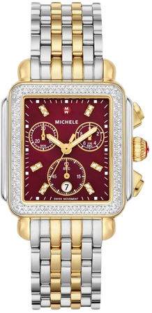 MICHELE Deco Diamond Two-Tone 18K Gold Plate Bracelet Watch, 33mm x 35mm | Nordstrom