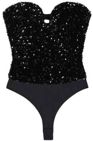 H&M Sequined Thong Bodysuit - Black - Ladies, H&M US