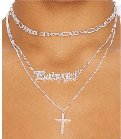 silver triple layer baby girl and cross necklace