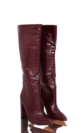 Burgundy Wide Fit Croc Pu Knee High Heel Boots | PrettyLittleThing USA