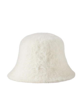 white fluffy bucket hat
