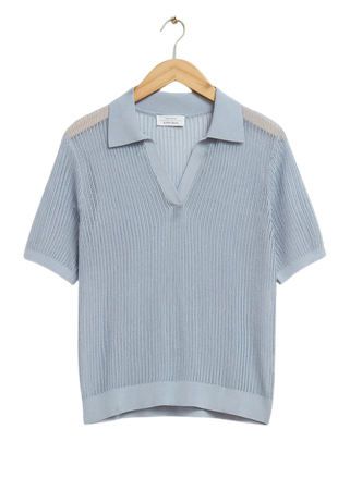 Relaxed Pointelle Knitted Polo Shirt - Dusty Blue - & Other Stories HR